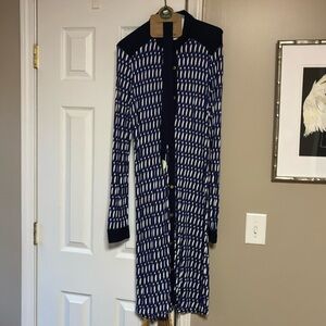 Boden navy, blue and white tie waist dress